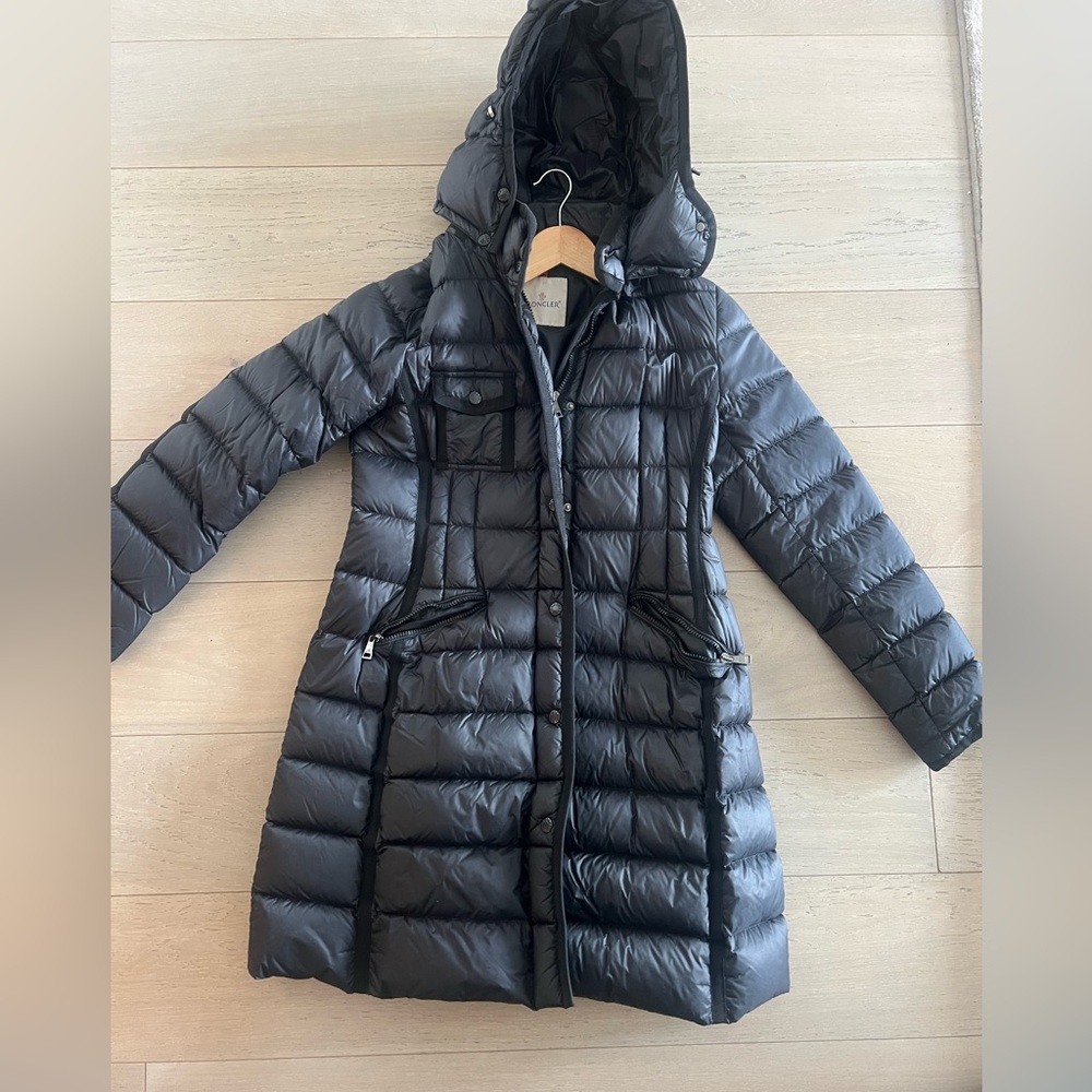 Moncler long black hooded coat